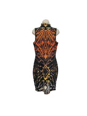 Venus Midi Dress Womens Size 10 Sheath Turtleneck Black Orange Yellow Patterned